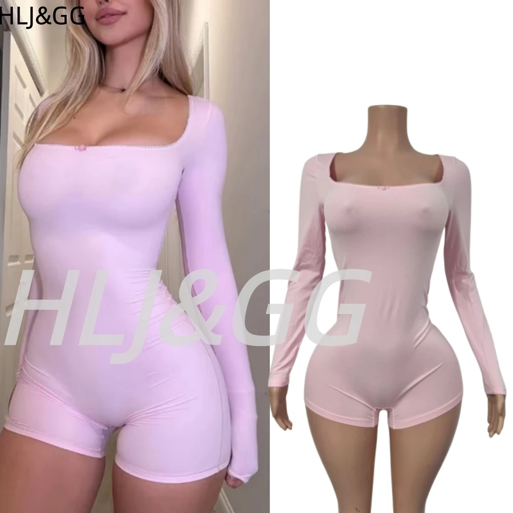 

HLJ&GG Summer New Solid Bodycon One Piece Rompers Women Long Sleeve Round Neck Slim Jumpsuits Sexy Female Overalls Sporty 2026