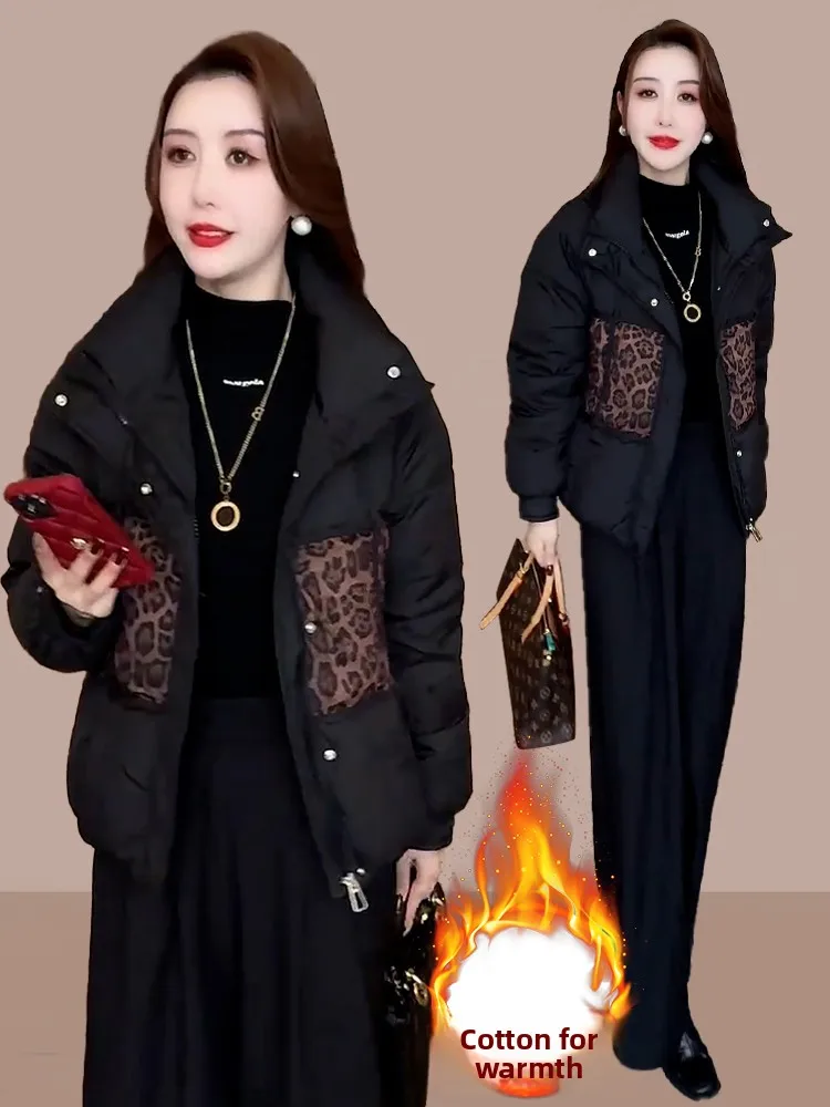 

Faionable Patchwork Leopard Print down Cotton Jaet Women's Winter New Sle Loose Warm Bread Sle ort Coat