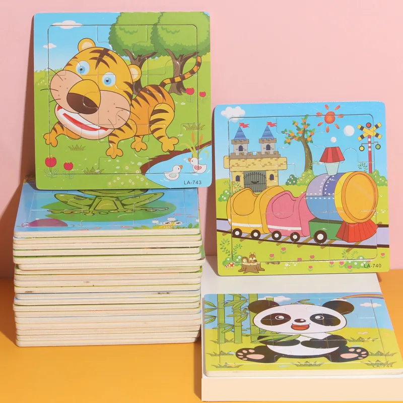 

Wooden 9-piece puzzle children's cartoon animal with base map plane puzzle, baby early education puzzle building block toy