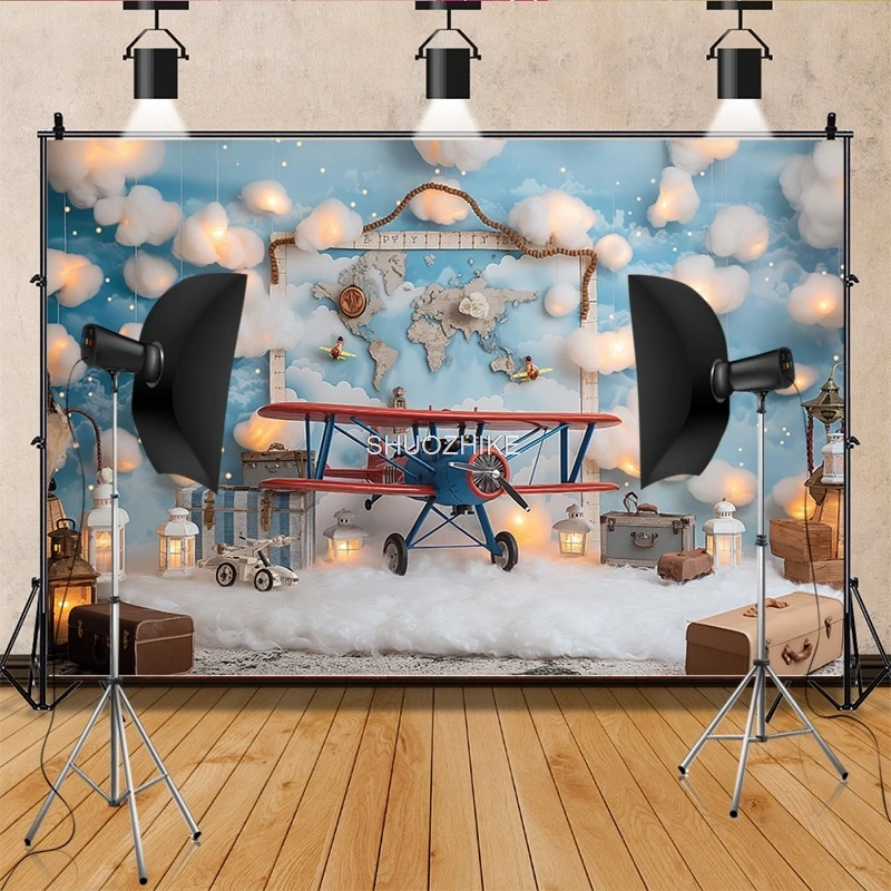 Blue Marine Nautical Retro Globe Sailing Photography Backdrops Props Baby Newborn Birthday Party Decoration Background HD-02