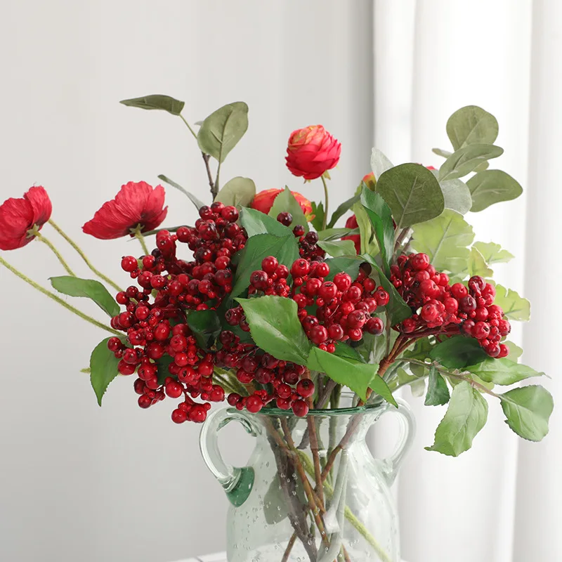 

Artificial Christmas Red Berry Branch Simulation Flowers DIY Wedding Xmas Festival Decoration Home Room Table Decor Photo Props