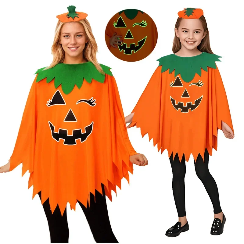 Halloween Costume Glow-in-the-Dark Adult Pumpkin Cape Shawl Pumpkin Hat Set Cloak School Party Costume