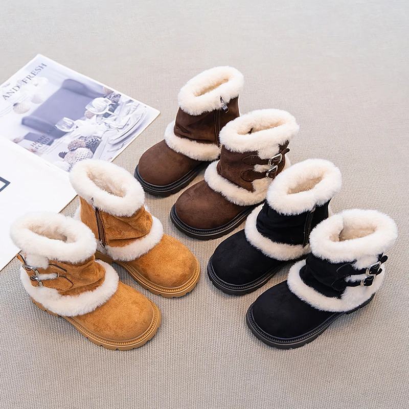 

Children's Retro Thick-soled Leisure Snow Boots 2025 New Wool Lined Warm Fashion Double Buckle Decorative Boots in Winter.