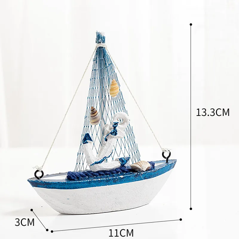 Mediterranean Style Wooden Canvas Boat Model Ornaments Creative Mediterranean Fishing Boat Starfish Shells Boat Miniature Models