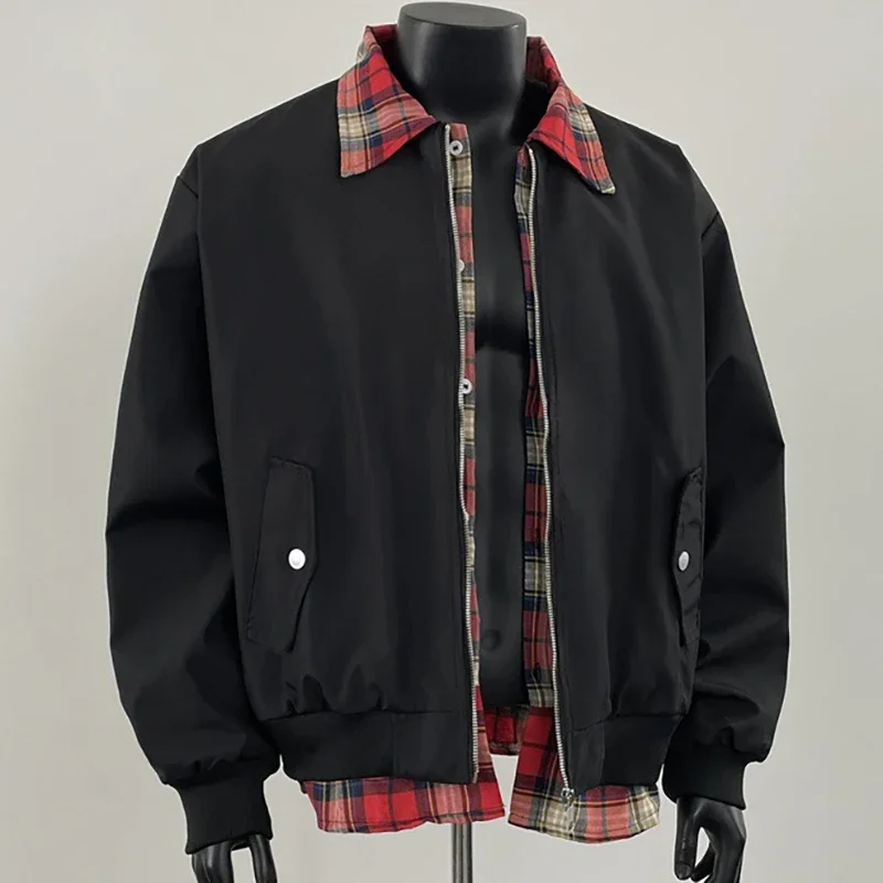 

Мужская клетчатая куртка-обманка с эффектом двухслойности, весенне-осенняя, с цветными блоками и пэчворком, с отложным воротником, в стиле пилот, двусторонняя