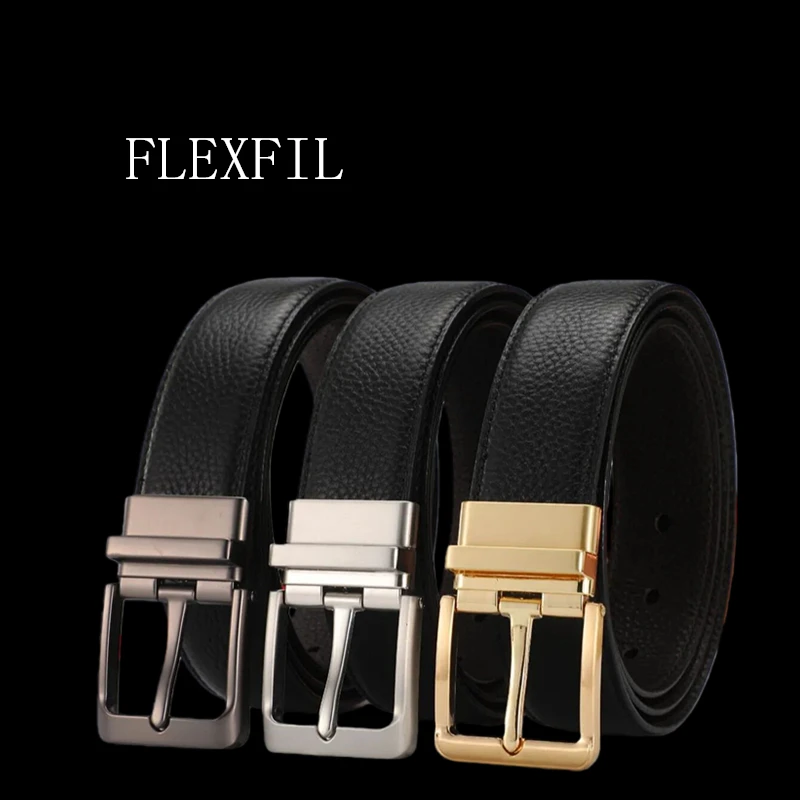 flexfil-男性ヴィンテージレザーベルトメタルシンプルビジネスファッションクラシックブランド第一層牛革ウエストストラップジーンズ男性ベルト
