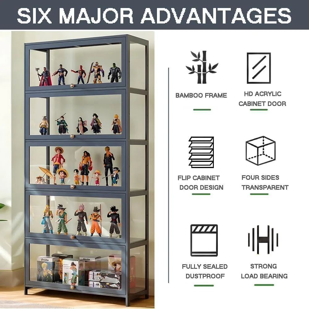 5-Tier Bamboo Display Cabinet with Acrylic Doors for Collectible Figures and Kids' Items