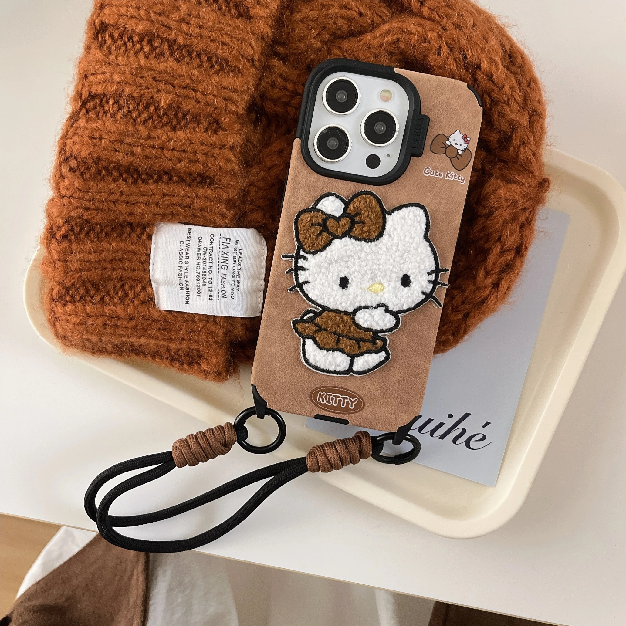 Cute Cartoon Hand-embroidered Hello Kitty Lanyard Mobile Phone Case for IPhone 16 Pro Max 16 Pro 16 15 14 13 12 11 Phone Case