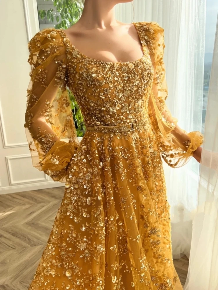

Customized Luxury Arabic Evening Formal Dress For Special Occasion Crystal Sequined A Line Long Sleeve Prom Wedding Party Dress