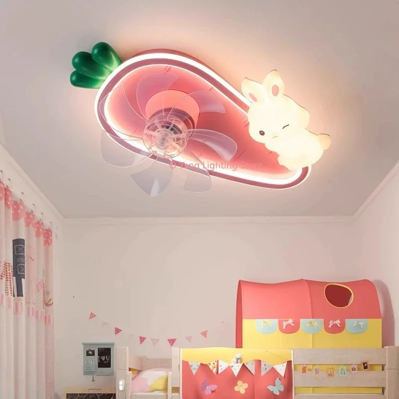 New  Children's Room Ceiling Fan Light Cute Carrot Rabbit  Ceiling Lamp Modern Bedroom LED Light Remote Control