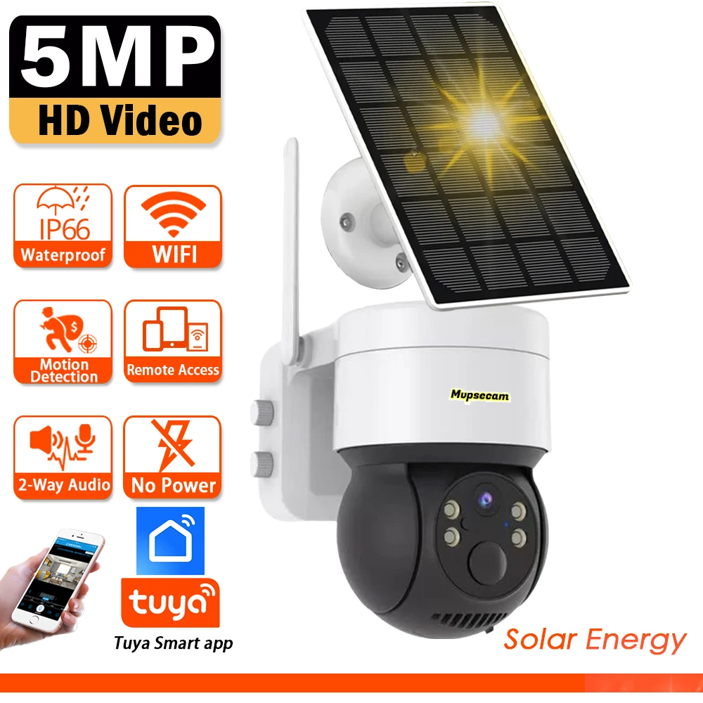 

Tuya Smart 5MP HD Wi-Fi Солнечная камера Уличная PTZ IP-камера Встроенная зарядка аккумулятора Автоматическое отслеживание CCTV Камера видеонаблюдения