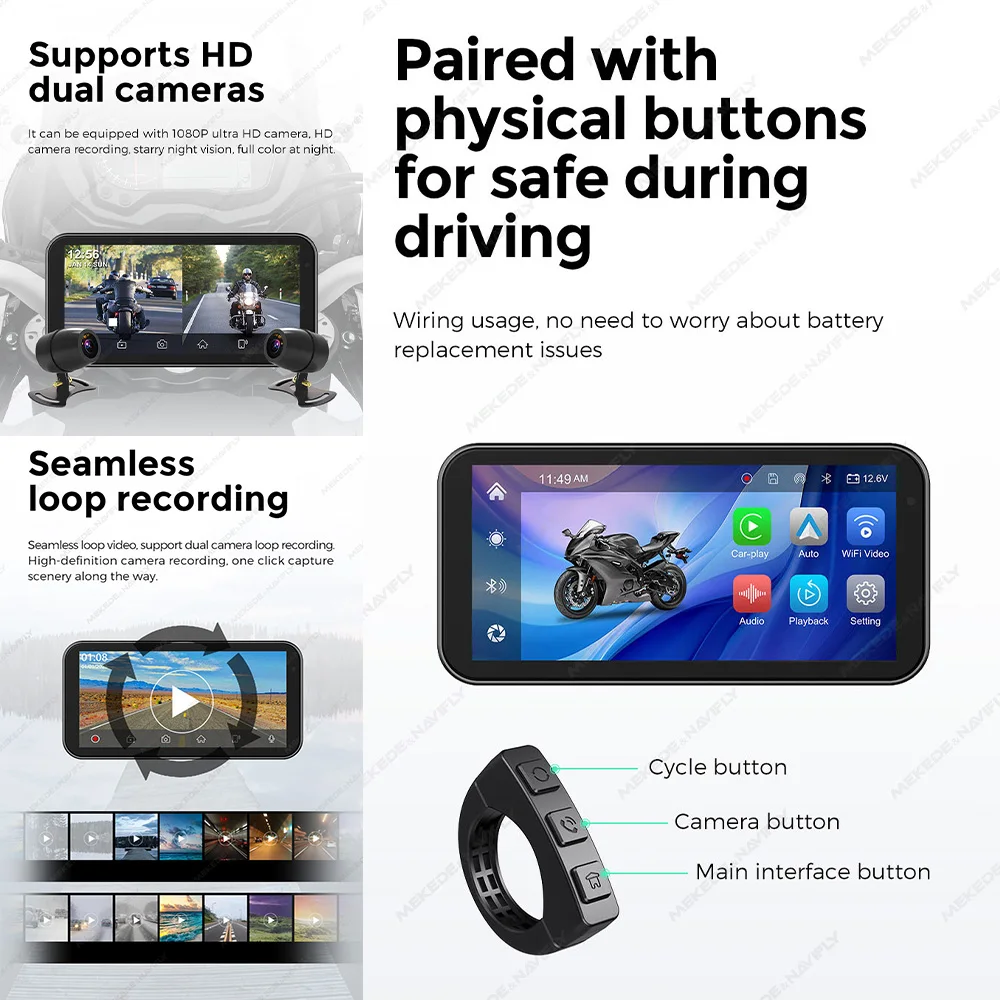 Tomostrong 6,25-inch draagbare IP67 waterdichte motorfiets navigatie GPS draadloze Carplay Android AUTO WiFi Moto Monitor 1560*720