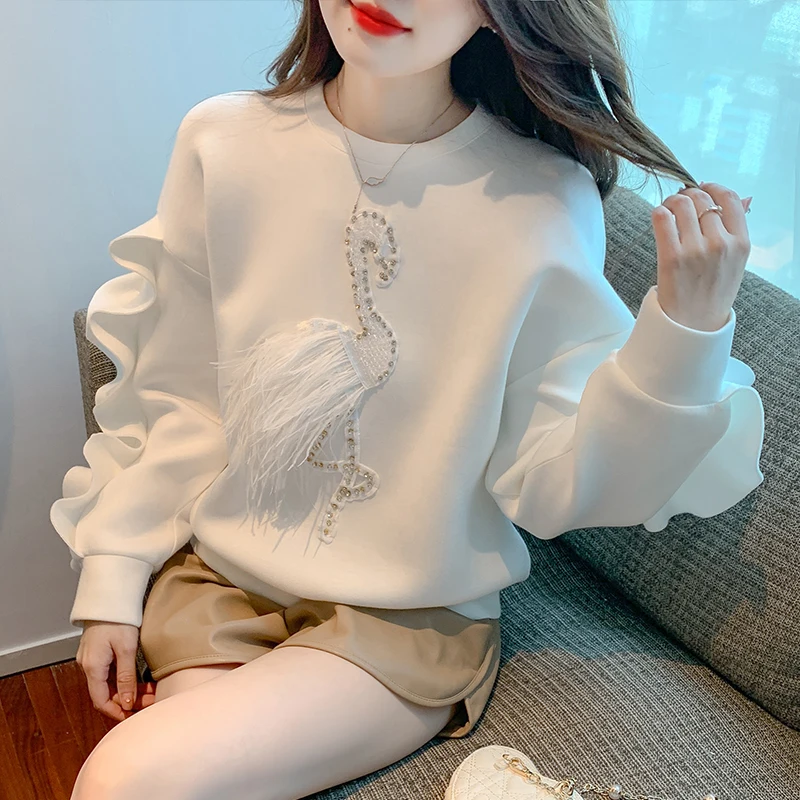 Harajuku Kawaii Hoodies Sweet Ruffles Sweatshirt Women Diamond Feathered Tassel Cartoon Pullover Tops Y2k Girls Cute Sweatshirts