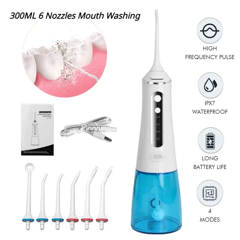 Portable Oral Irrigator Dental Water Flosser Dental Water Jet Tools Pick Cleaning Teeth 300ML6Nozzles Mouth Washing MachineFloss