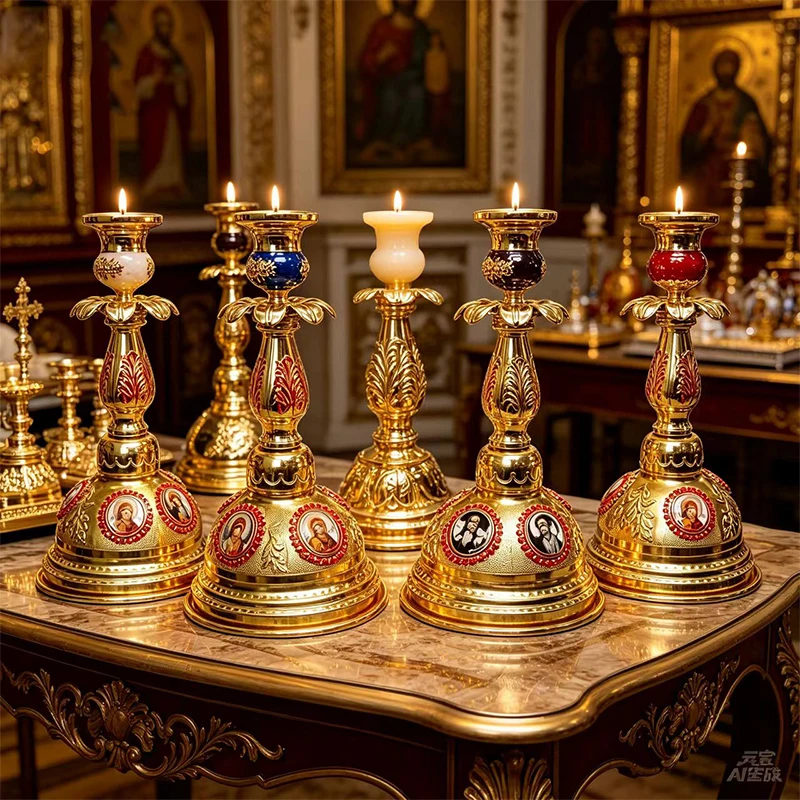 Orthodoxer Altar-Kerzenhalter aus Goldmetall, Verzierter Byzantinischer Kerzenständer mit Religiösen Ikonen für Kirche und Heimdekoration, Christliches Geschenk