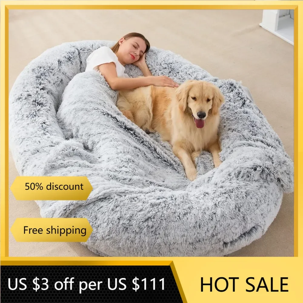 Large Human Dog Bed  Human-Sized Big Dog Bed for Adults&Pets Giant Beanbag Bed with Washable Fur Cover,Blanket and Strap