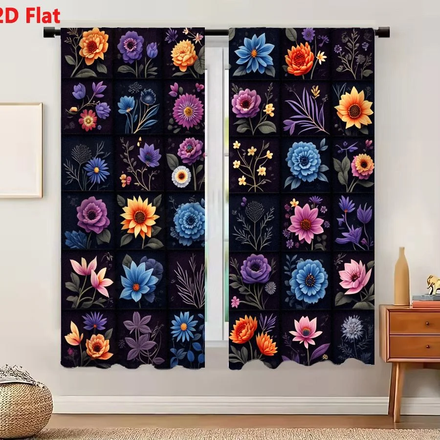2Pcs Curtains 2D Flat Vibrant Floral Grid 30 Square Panels Roses Sunflowers Daisies Peonies Wildflowers Deep Purple Blue Orange