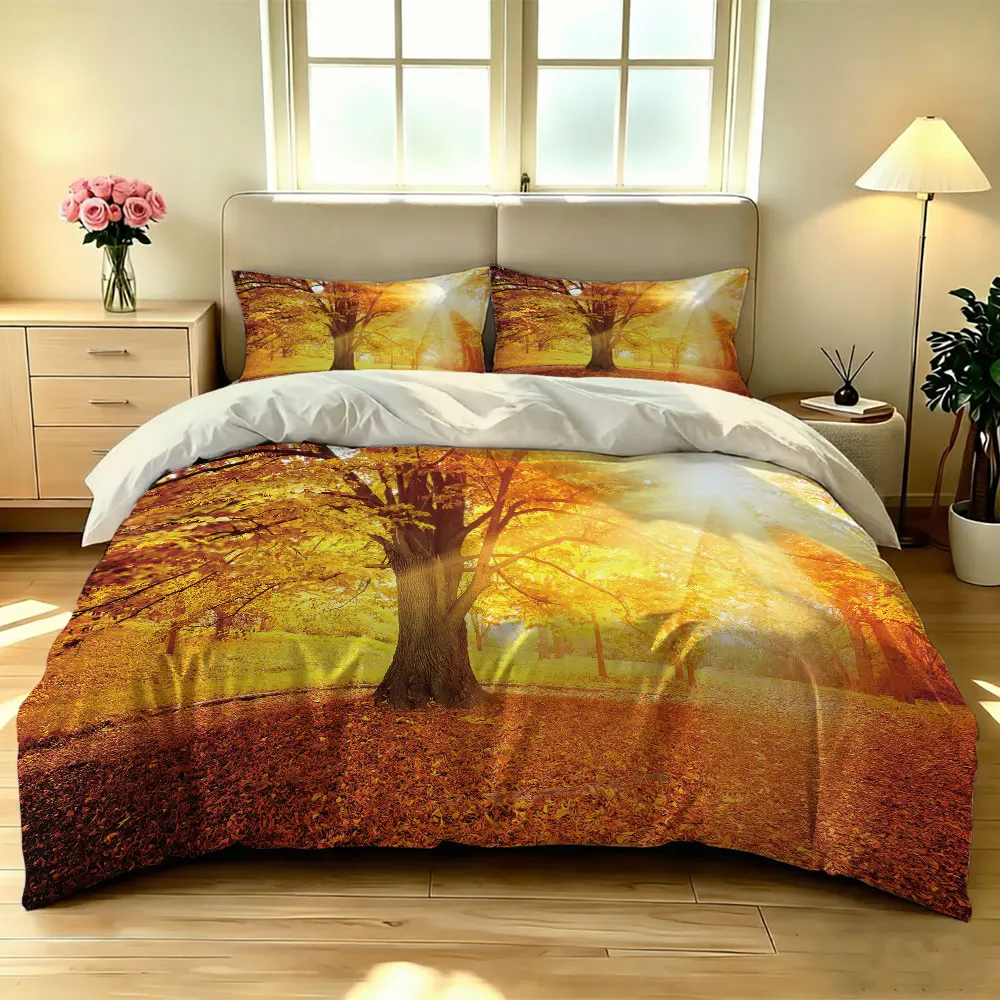 3pcs autumn warm sun maple forest quilt cover set, a coreless soft bedding set