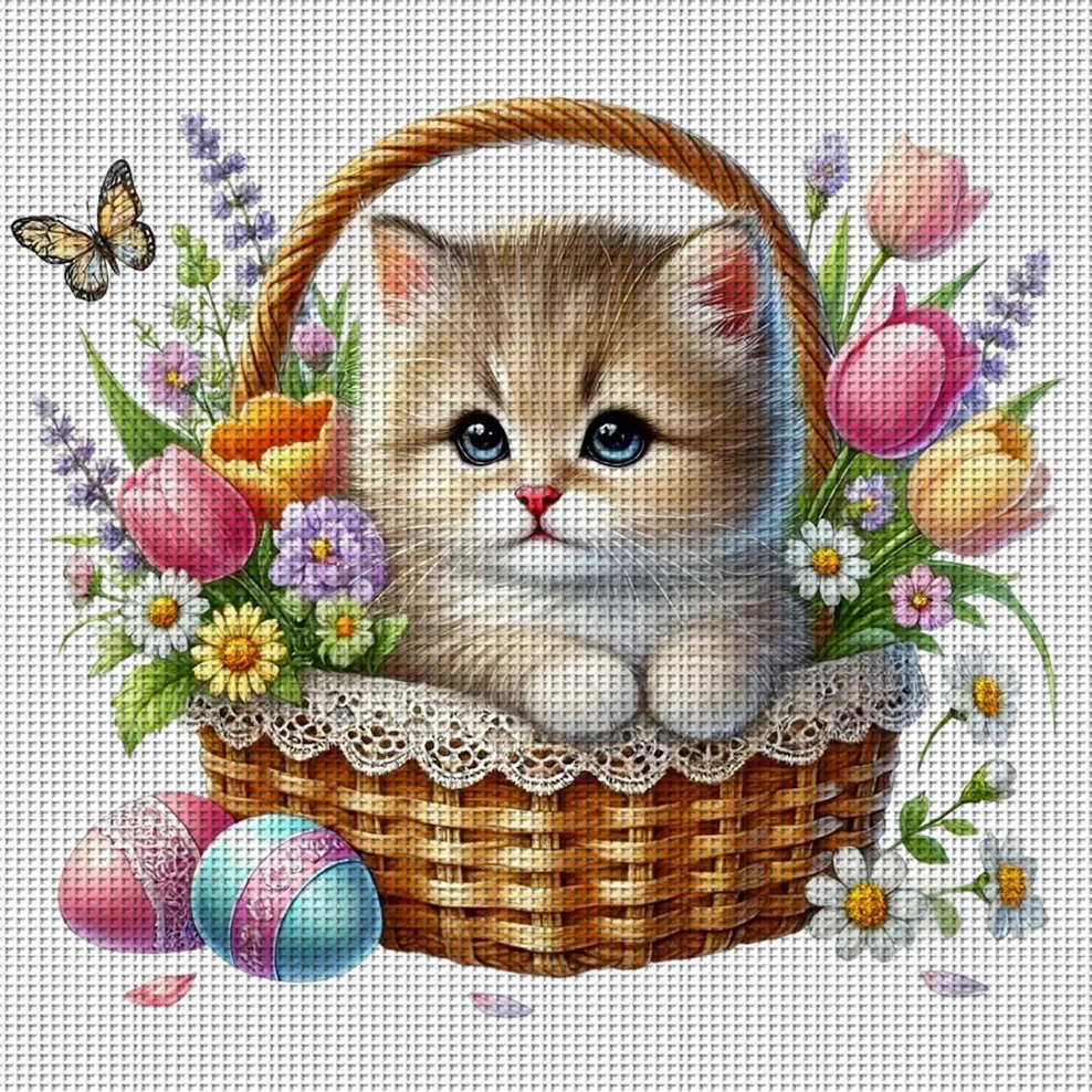 

Spring Kitten Cross Stitch Kit DIY 11CT Embroidery Home Wall Decor Gift Handmade Material Frameless Semi-Finished 36×36cm