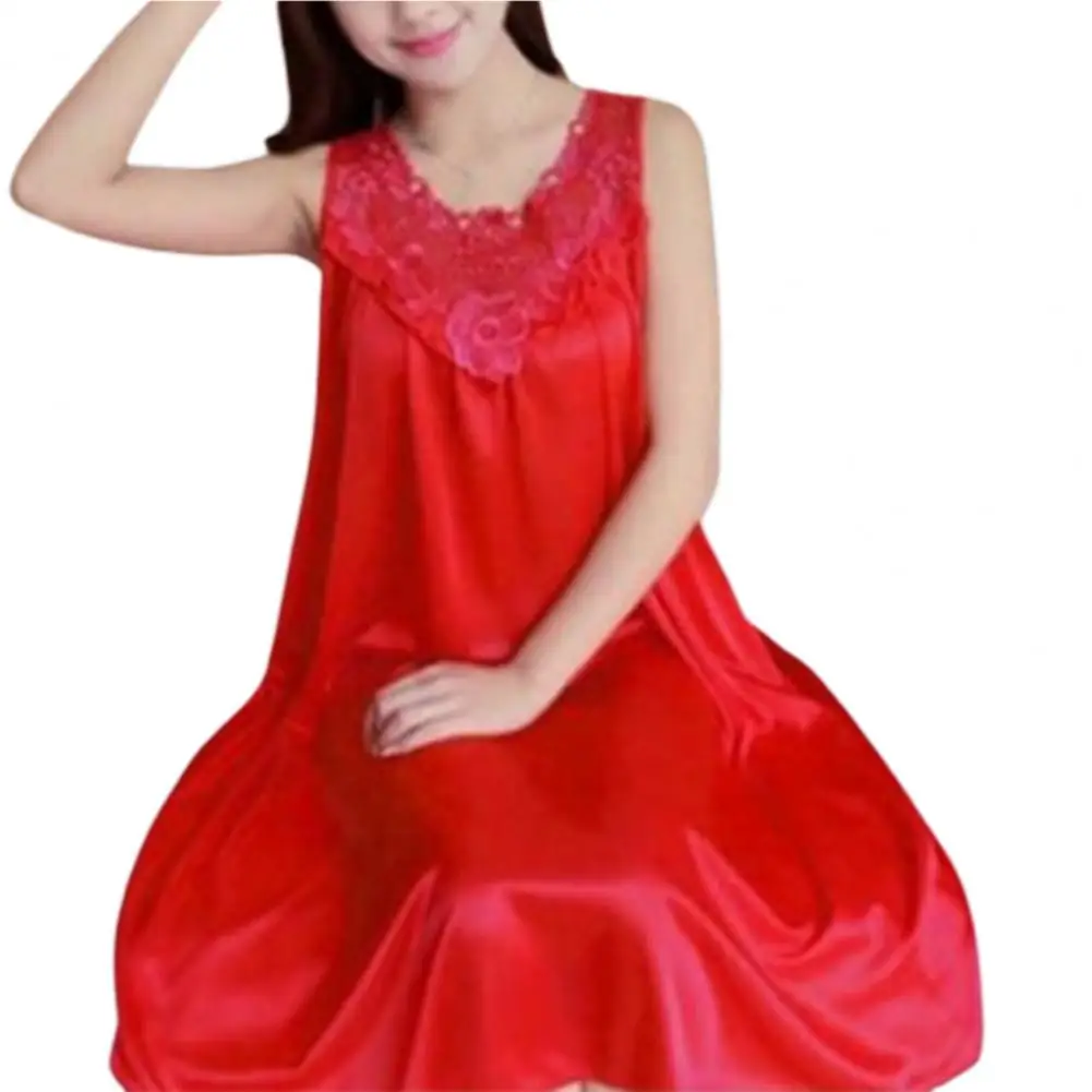 Women Nightgown Sleeveless Lace Stitching V-Neck Sexy Faux Silk Sleepwear Nighty Dress For Lady