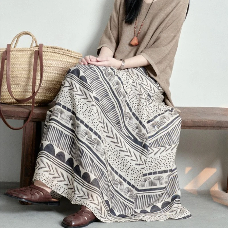 Gonna mezza lunghezza traspirante in lino stile artistico nuovo design originale estivo 2025 per donna
