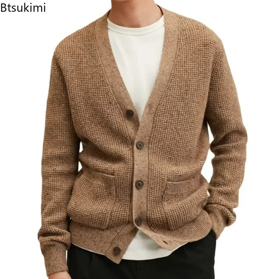 New 2024 Autumn Winter Men\'s Knitted Sweaters Warm Coats Mens Streetwear Single Breasted Top V-neck Cardigan Brown Sweater Male