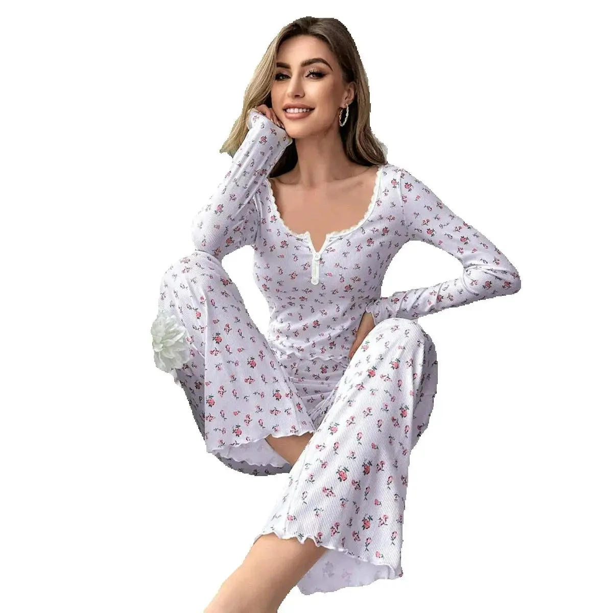 

Весенне-осенний топ с цветочным принтом и отделкой салата и длинные брюки, одежда для сна, женский пижамный комплект, одежда для дома, одежда для сна, Pijama Mujer