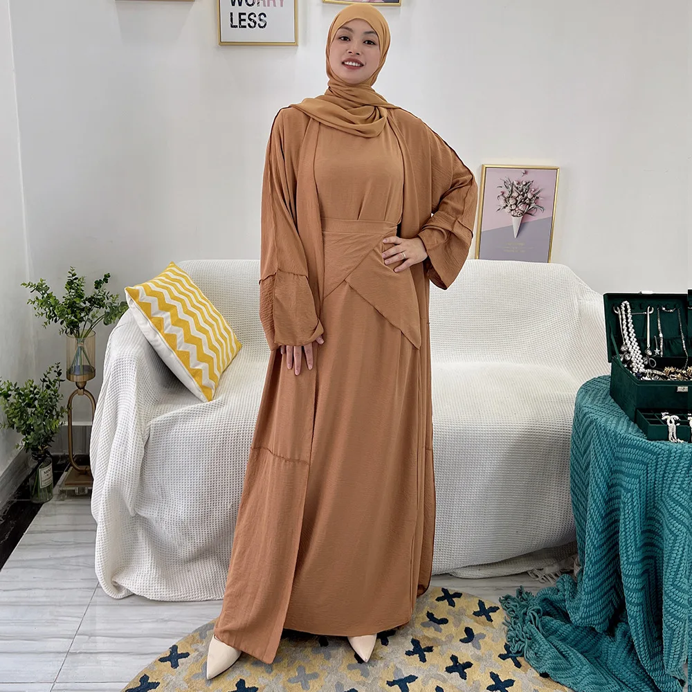 

Muslim Women Matching Set Open Abaya Kimono Cardigan Wrap Skirt Outfits Dubai Turkey Islamic Clothing Eid Ramadan Jalabiya Dress