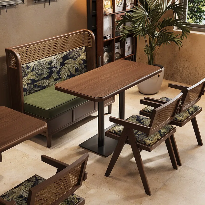 Foshan factory retro restaurant table and chair combination tea restaurant hotel cafe wall card seat sofa dining table commercia