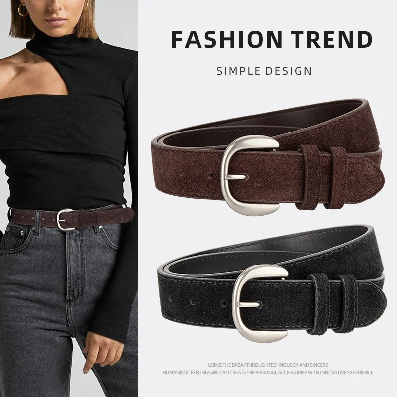 Women Retro Niche Frosted Suede Fashionable Cowhide Belts Light Luxury Design Versatile Dress Genuine Leather Belt for Women