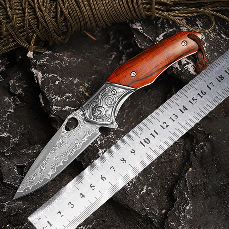 High hardness Damascus wooden handle knife, outdoor camping, portable and convenient folding knife, fruit knife