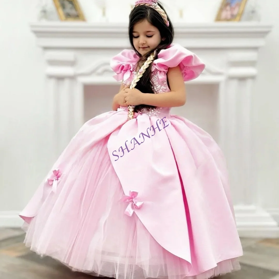 Customized Fluffy Sequin Bow decoration Pink princess dress Flower Girl Dress for Formal Receptions Dance Performances Birthday
