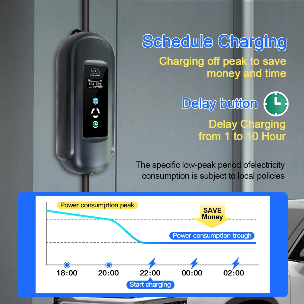 16A 3P 11KW Mobile EV Charger Type 2 Adjust Current And Timer 1-10Hour Charging For Eletric Vehicle Hybrid Cars Cable 5M