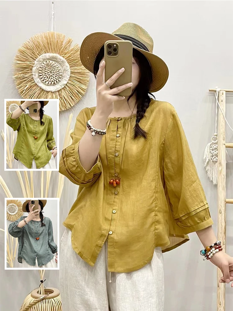 

Artistic Pure Color Flax Irregular round Ne Button up irt Summer plus Size Women's Casual Loose Fit Lantern Sve irt
