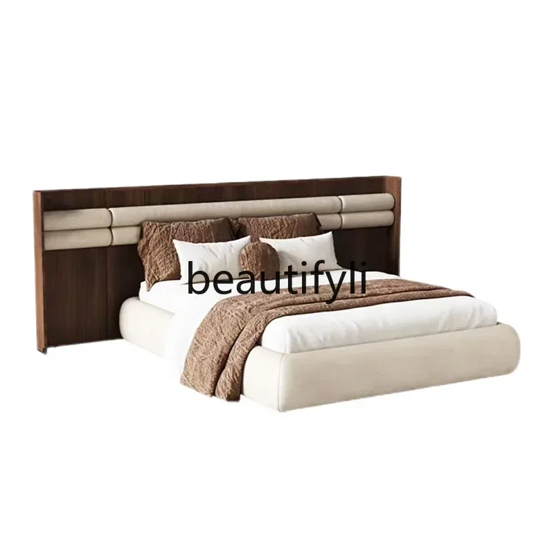A71 Italian light luxury microfiber leather master bedroom bed modern high-end home luxury villa widescreen solid wood double be