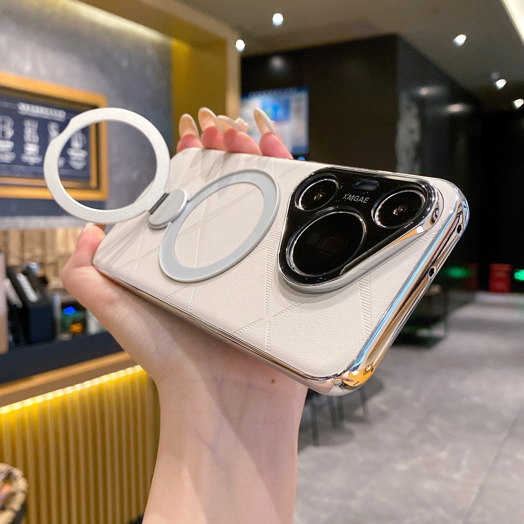 Electroplating Leather Wireless Charging Magnetic Stand Case For Huawei Pura 70 Pro 70 Ultra, Built-in Camera Protection Cover