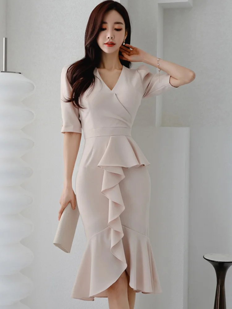 Elegant Office Lady Dress Summer V-Neck Half Sleeve Solid Color High Waistline Ruffled Fishtail Hem Temperament Party Dress