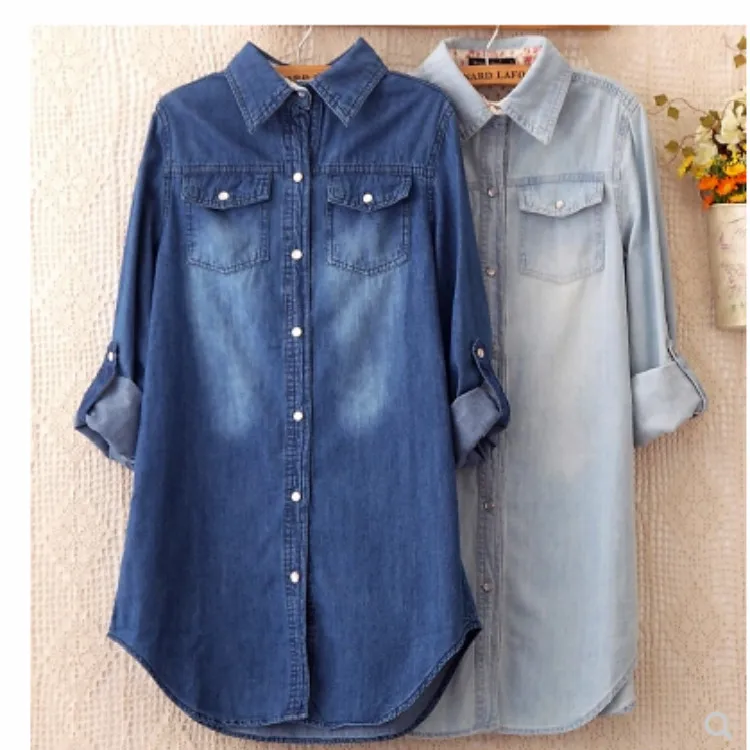 

2025 Autumn and Winter Medium and Long Skinny Denim Shirt Women's Long Sleeve Shirt