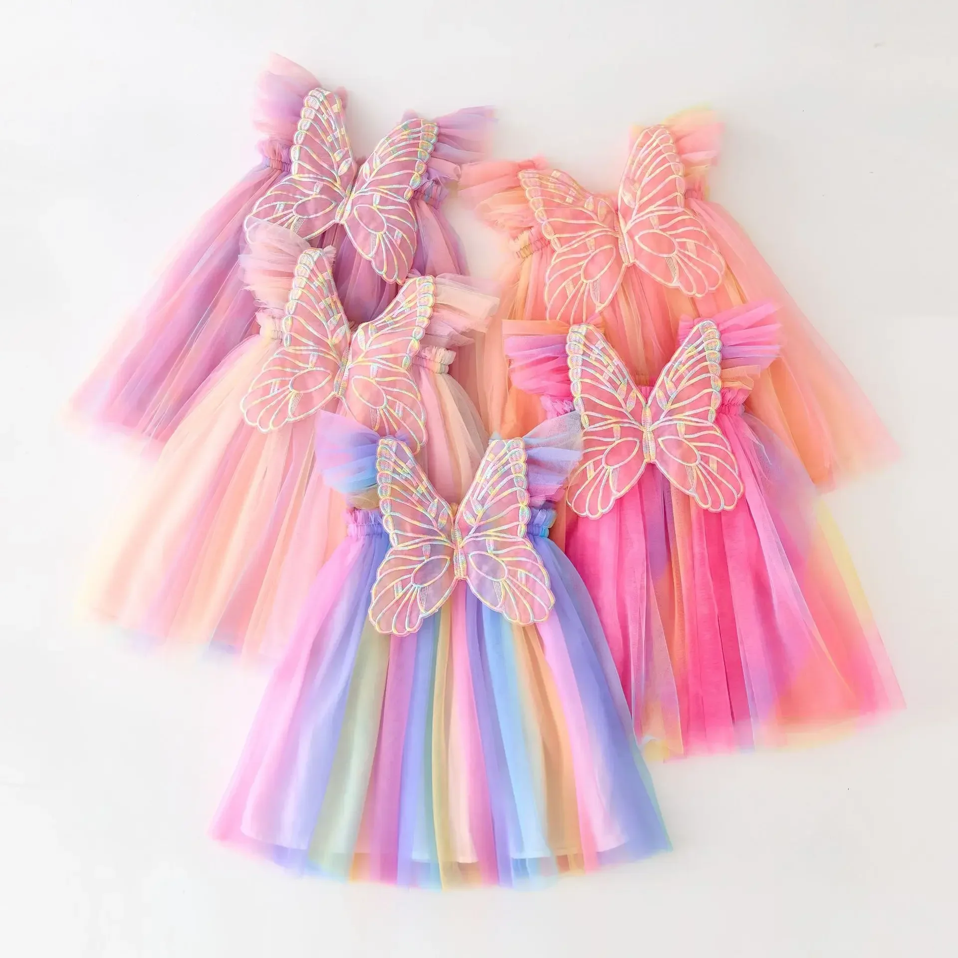 Fashion Toddler Baby Girl Dress Rainbow Sling Skirt Summer New Flying Sleeve Mesh Butterfly Wings Princess Puffy Formal Dresses image 3