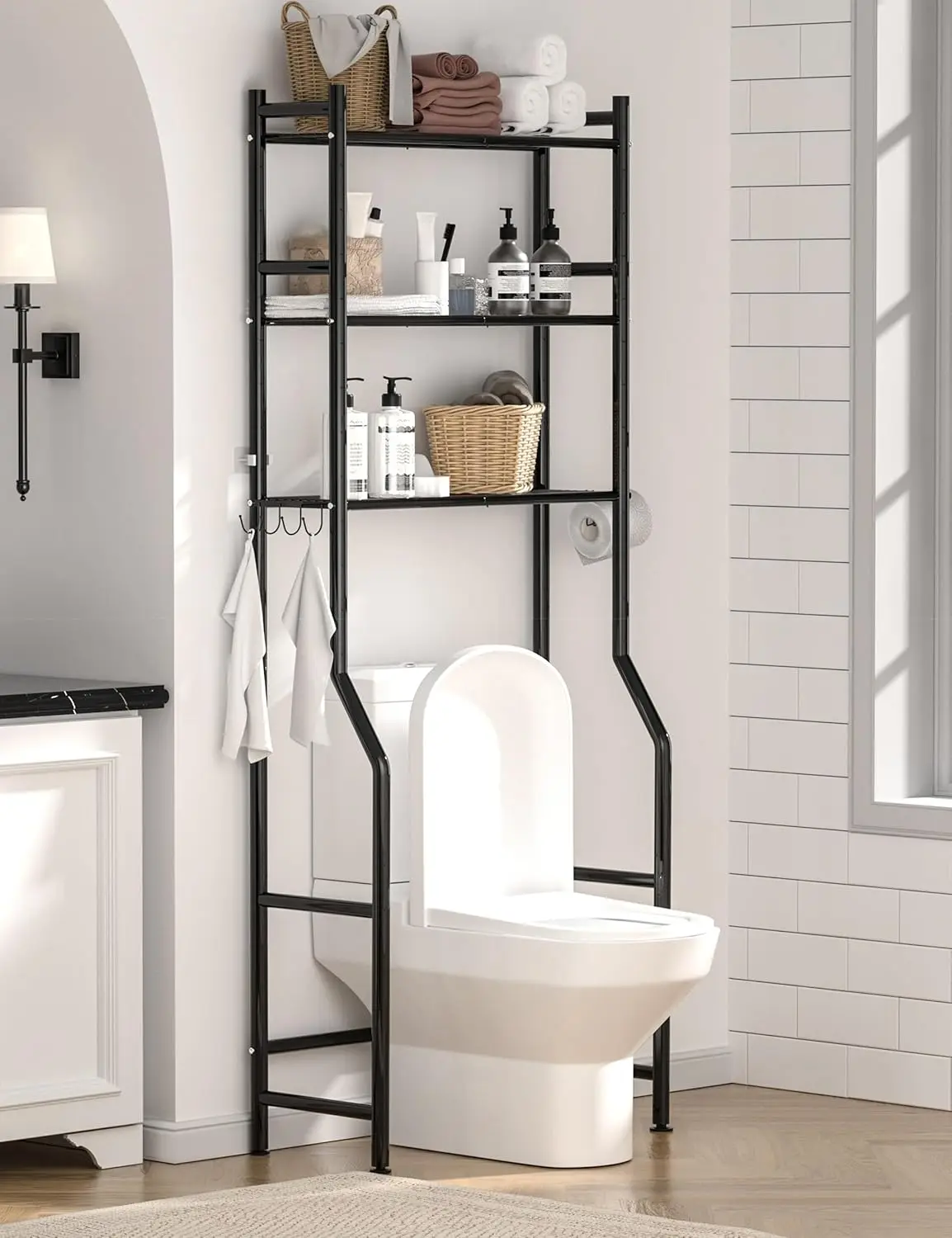 3-Tier Over The Toilet Storage Space Saver Metal Bathroom Shelves, Freestanding Above Shelf with 4 Hooks for Bathroom