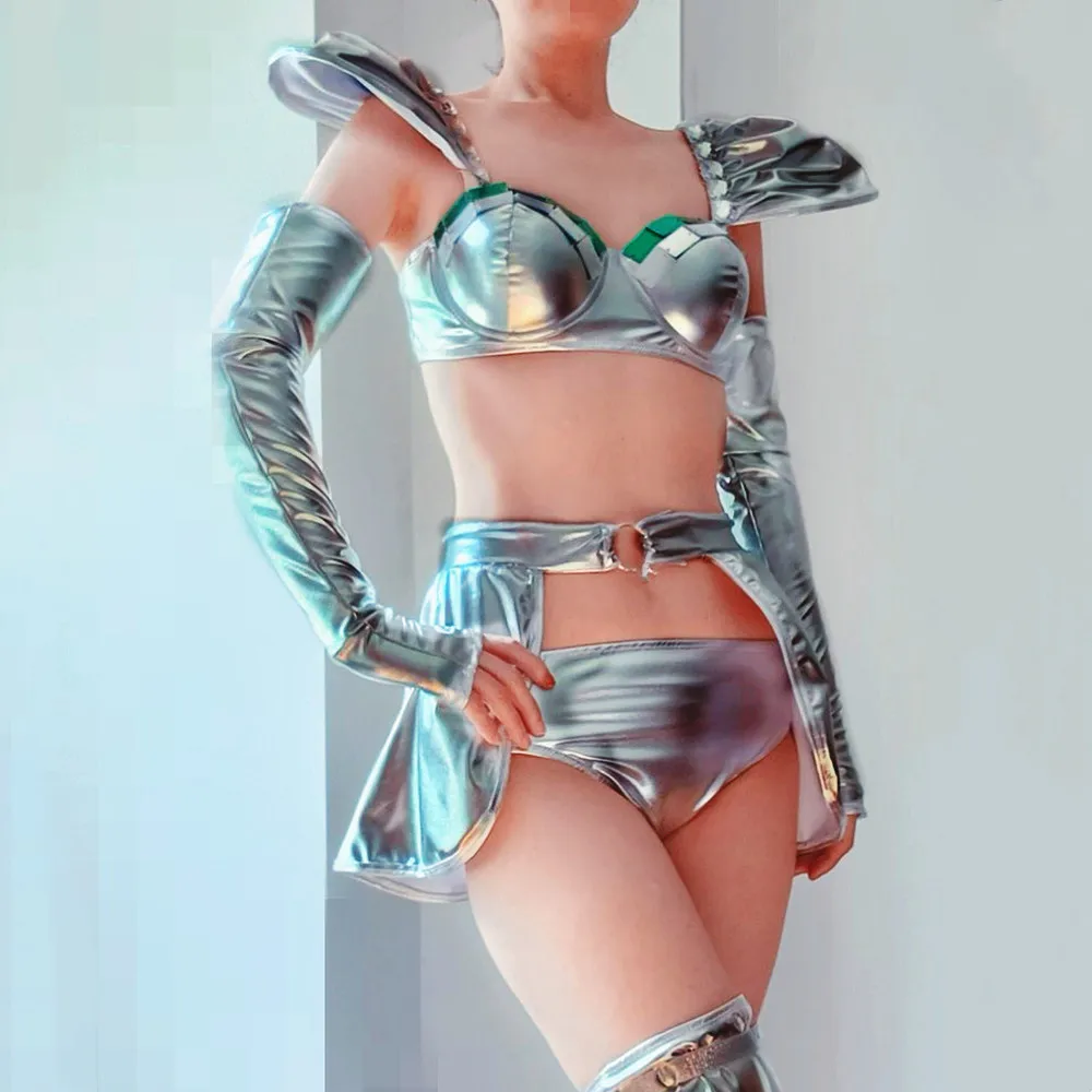 الفضة الليزر مرآة بيكيني تنورة صغيرة الرقص الزي مثير المرأة راقصة المغني ملهى ليلي مرحلة الأداء زي نادي حفلة الهذيان