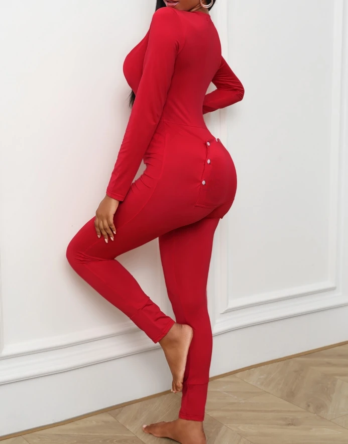 Women's Christmas Jumpsuit 2025 Autumn Winter Latest Sexy V-Neck Long Sleeve Functional Buttoned Flap Adults Pajamas One Piece