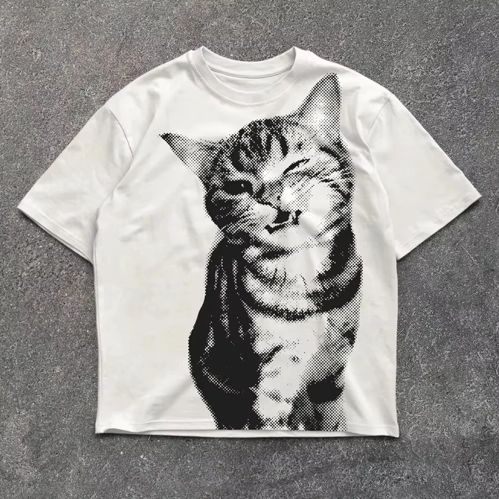 Y2K Cat Graphic Halftone T-Shirt Cotton Graphic Tee Men Women Summer Streetwear