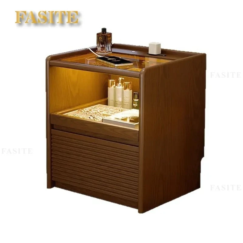 for Solid Wood Bedside Table with Lamp and Socket Multifunctional Storage Nightstand for Home Bedroom Furniture Rack
