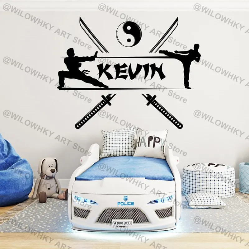 Karate Vinyl Wall Sticker Customizable Name Samurai Decal Martial Arts Sport Personalized Gift Boys Home Wall Decor Wallpaper