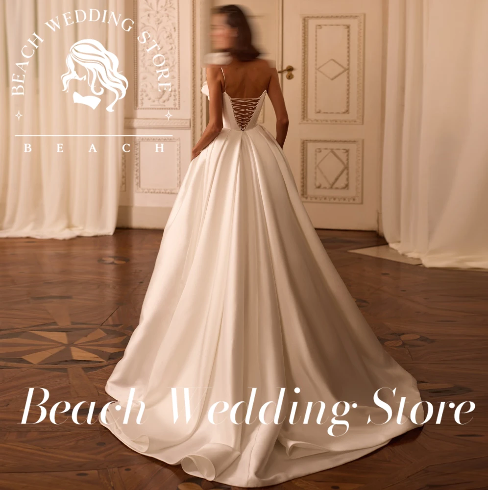 ビーチカスタマイズフロア丈サテンコルセットAラインスイープトレインレースアップバックウェディングドレスロングスリーブプリーツルーシュブライダルガウン