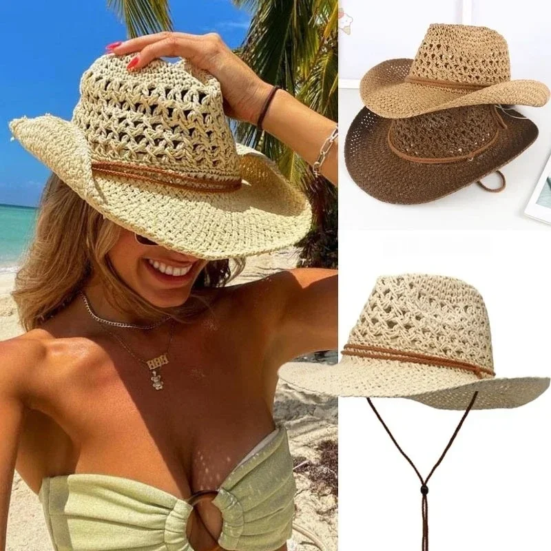 

New Vintage Western Cowboy Sun Hat Men Women Straw Hat Outdoor Travel Ethnic Style Gift UV Protection Cap Chapeau Beach Hat