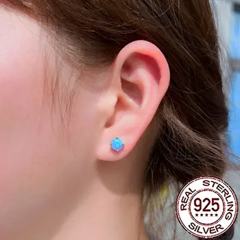 QooLady 925純銀時尚神秘藍蛋白石圓形耳釘,女士精緻派對日常珠寶配件 SE103 10 最佳銷售 藍色蛋白石 - №6