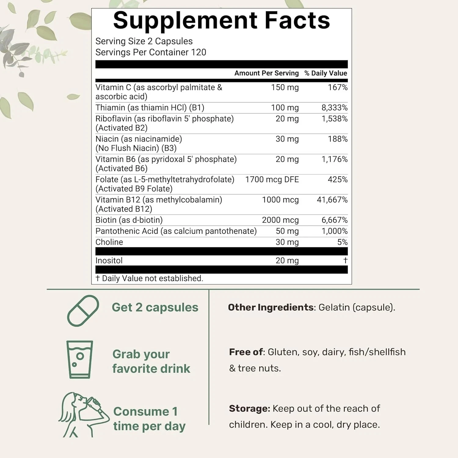 Methylated B Complex Capsule Support Energy Generation & Neurological Health — Methylfolate B12,Thiamine and Vitamin C