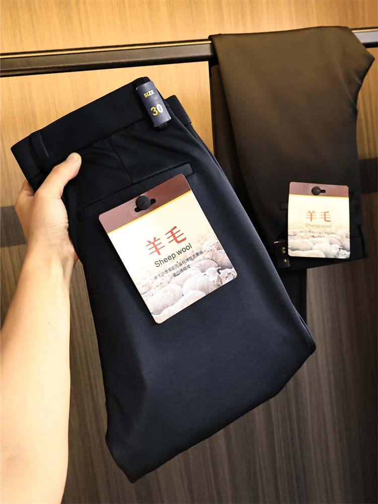 

Busin повседневные мужские прямые брюки из шерстяной ткани с драпировкой против морщин, удобные осенне-зимние однотонные брюки